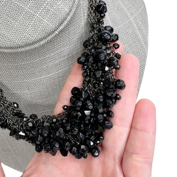 Black Faceted Acrylic Cluster Gunmetal Statement Bib Necklace - Picture 3 of 8
